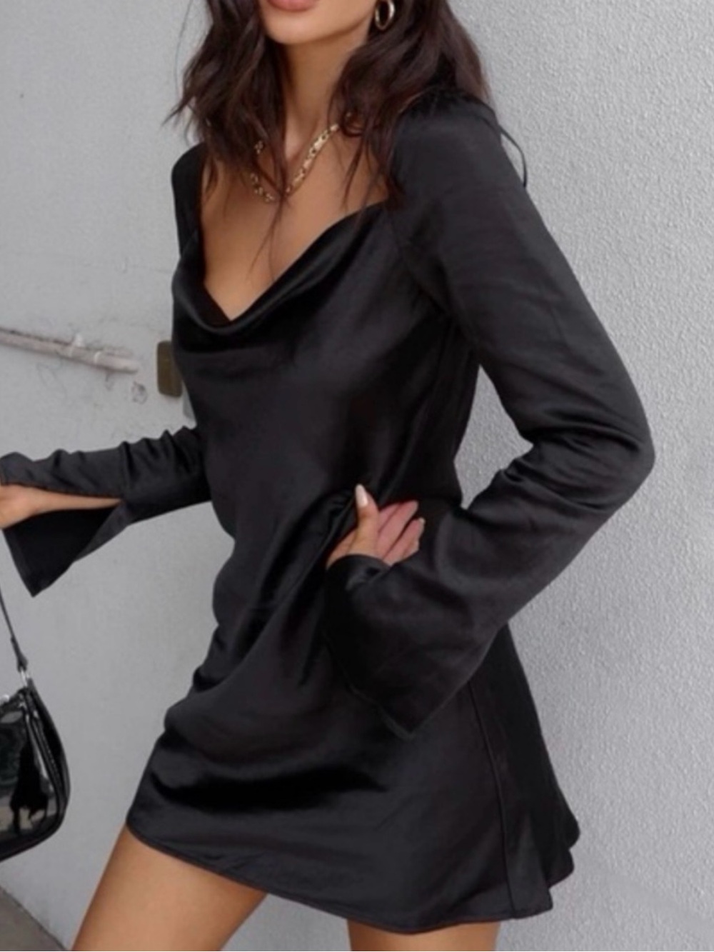 Princess Polly Black Satin Long-Sleeve Square-Neck Dress